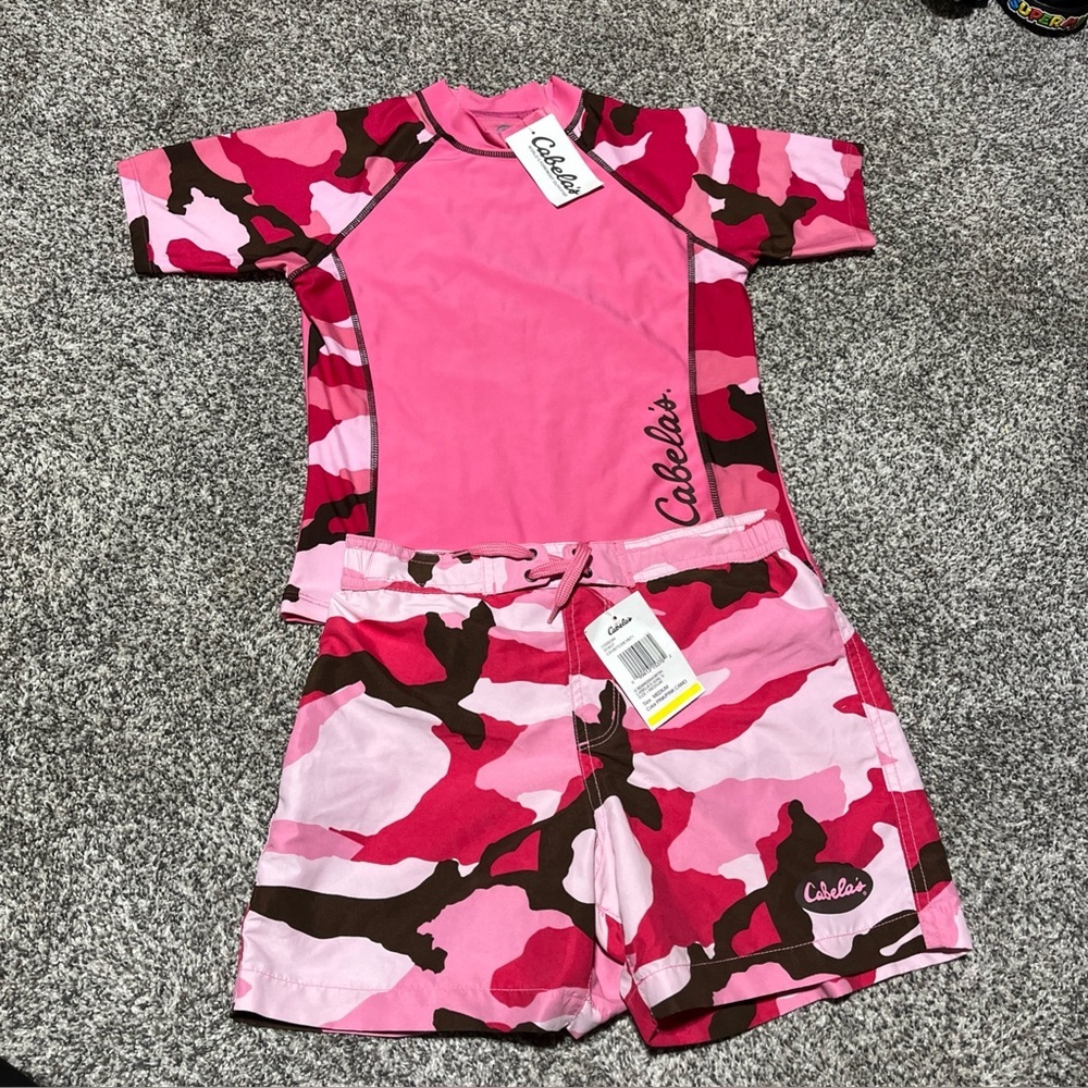 Girls Medium Cabela’s Swim Board Shorts And Rash guard Pink Camo